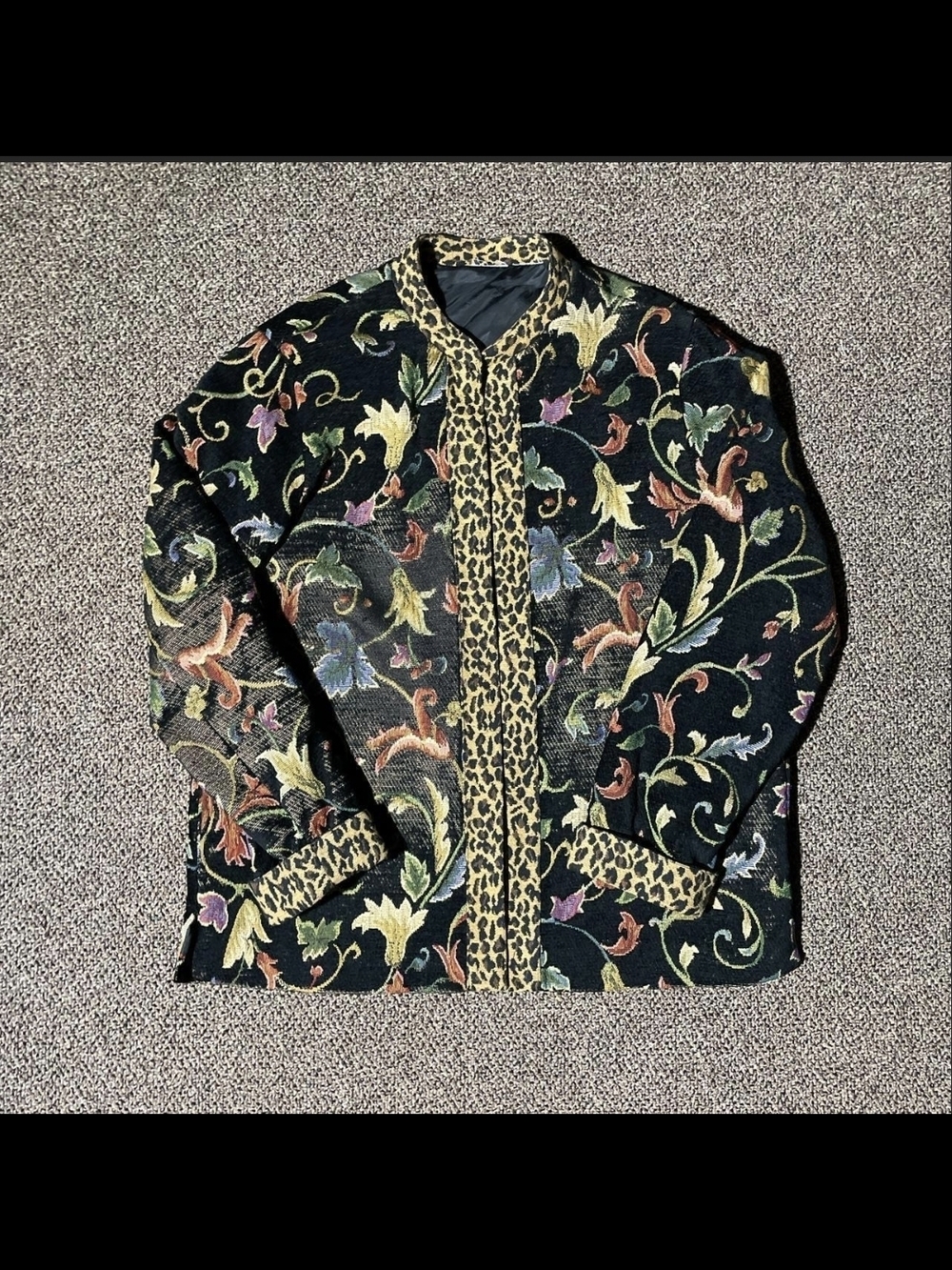 Floral Jacquard Leopard Trim Black Women's Jacket